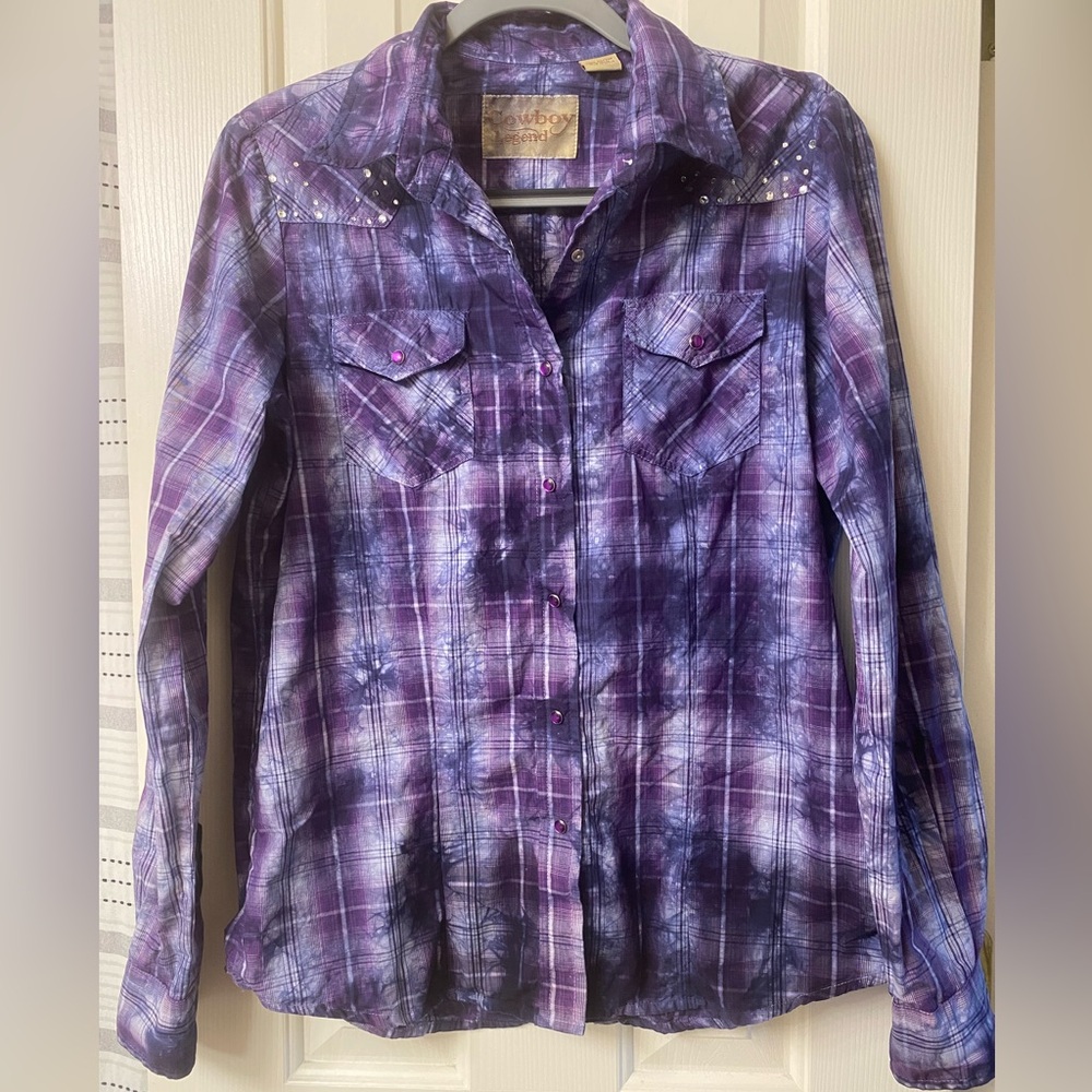 Cowboy Legend  Cowgirl Purple Tie-Dye Plaid Snap Closure Shirt Size Large